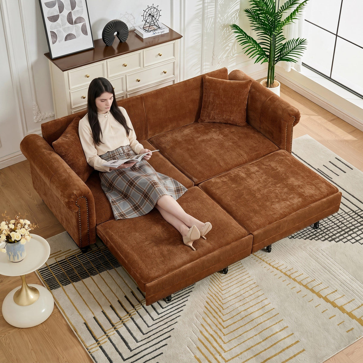 86" King Pull Out Sofa Bed, 3 in 1 Convertible Sleeper Sofa,Modern 3 Seat Couch with Nailhead Trim & Rolled Arm for Living Room, Apartment, Office, Caramel Chenille