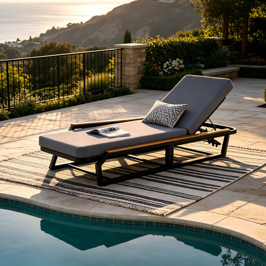 Adjustable 5-Position Outdoor Chaise Lounge with Grey Cushion, Patio Reclining Lounger with Teak Wood Armrests, Black Iron Frame, for Poolside Backyard