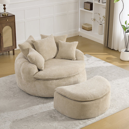 53.15"W Round Oversized Pumpkin-shaped Boneless Single-person Lounge Chair With Ottoman Soft Breathable Fabric,Boneless Filling Material Of Piece Sponge,For Living Room Bedroom Apartment,Taupe