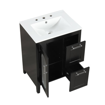 24" Bathroom Vanity with Sink, Bathroom Vanity Cabinet with Two Drawers and Door, Adjustable Shelf, Solid Wood and MDF, Black