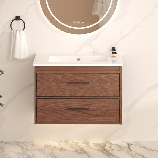 30"  reddish brown  Wall Mounting Bathroom Vanity, Soft Close  2 Drawer