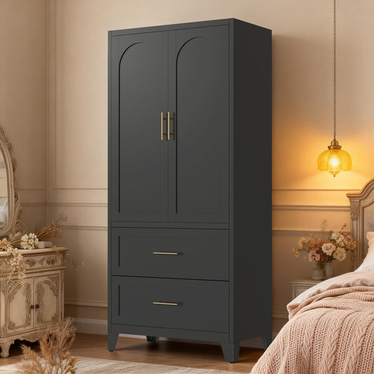 71" Tall Metal Wardrobe Cabinet with 2 Drawers and Hanging Rod, 2 Doors Wardrobe Closet with Shelf, Laundry Room, Foyer, Guesthouse - Black