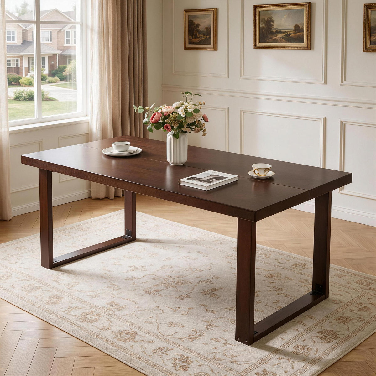 180cm Large Solid Wood Dining Table, Mid‑Century Modern Rectangular Solid Wood Kitchen Table, Dark Walnut Solid Wood Table for Dining Room Home Office