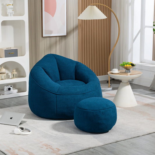 Bedding Bean Bag Sofa Chair with High-Pressure Foam and Footrest, Blue Microfiber