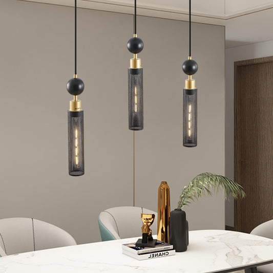 25" Modern Black and Gold 3-Light Pendant Chandelier, Adjustable Hanging Lights with Cylindrical Mesh Shades, E26 Base, Ideal