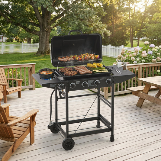 4 Burner BBQ Propane Gas Grill with Side Burner 42000 BTU Output Stainless Steel Barbecue Grill with Enamel-Coated Grates and Side Tables