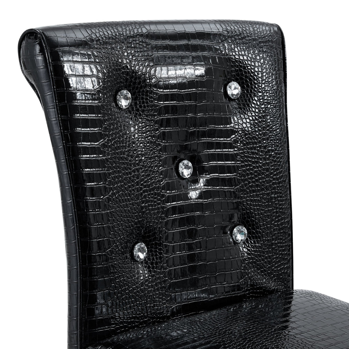 A set of 2 black vintage crocodile leather lift bar chairs, featuring crystal clasp design and synthetic leather design, adding a touch of elegance and mystery to the dining area