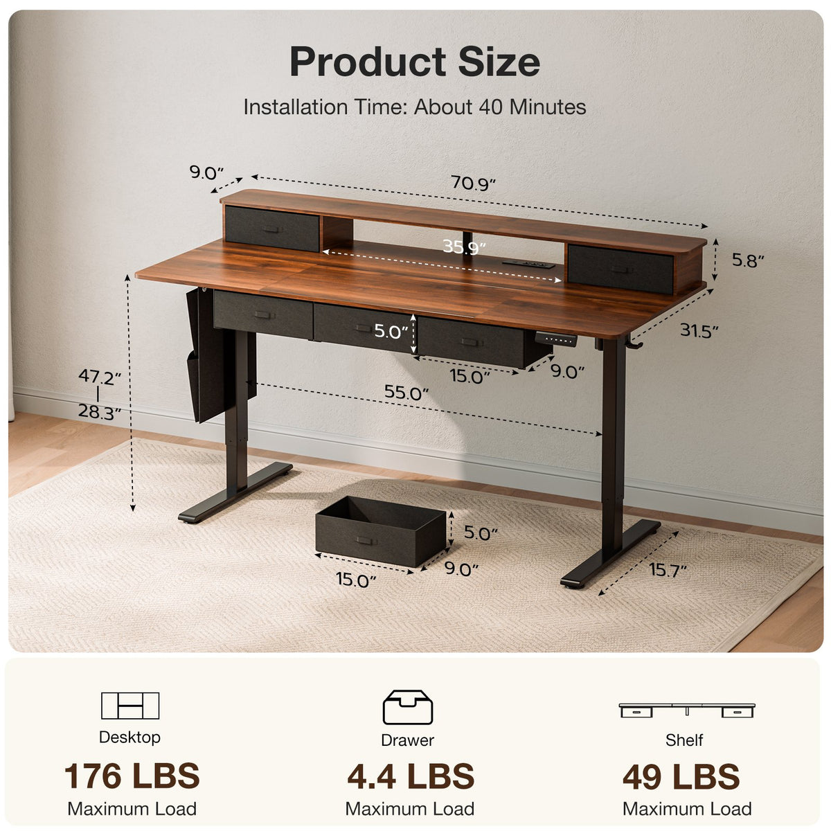 71x32" Sit-Stand Desk w/ 5 Drawers, Power Hub, LED Lights, Monitor Shelf & Cable Mgt, 28.3-47.2" Adj, Walnut