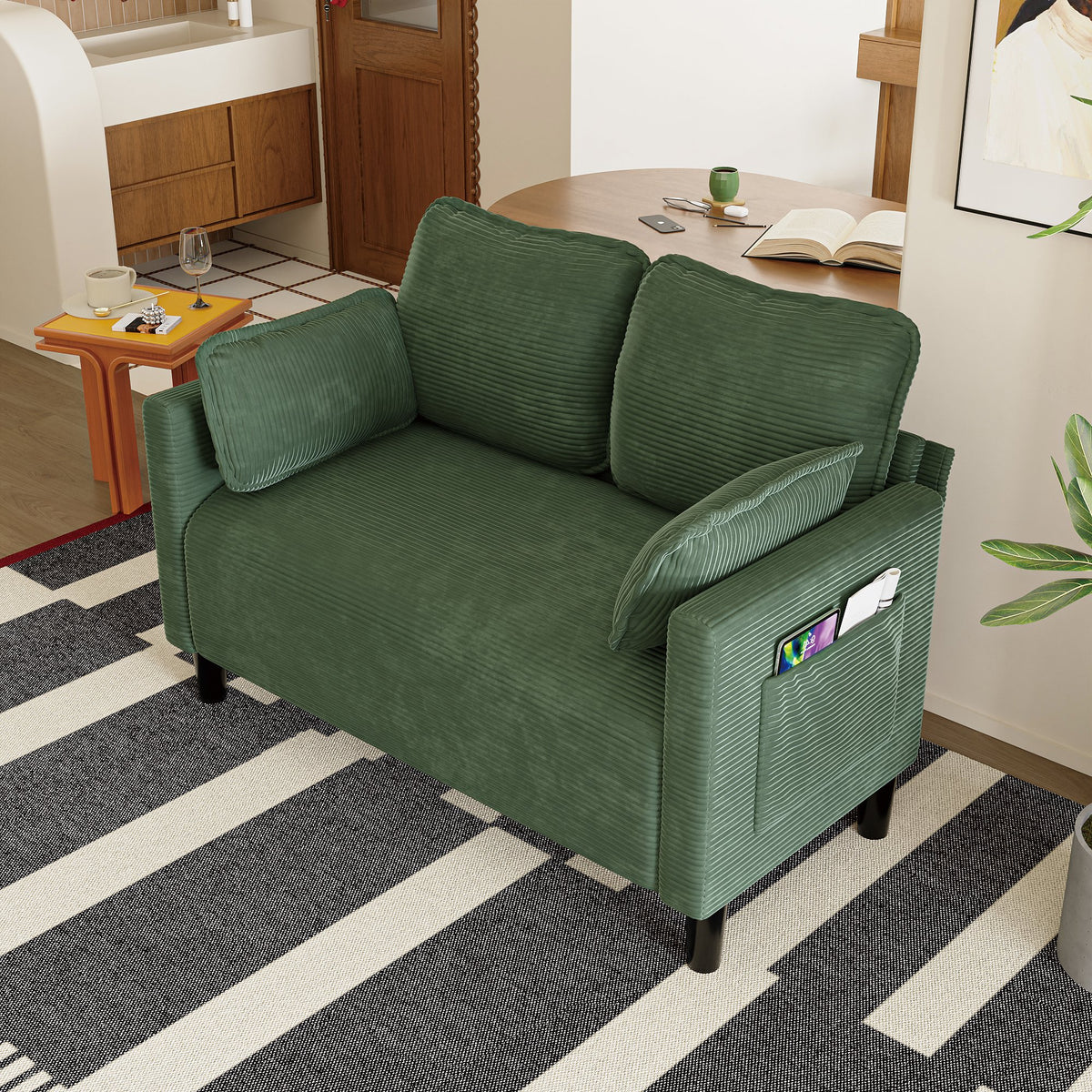 48" Soft Corduroy Loveseat Couch W/Soft Cushions,Side Storage Pocket,Sturdy Composite Board & Solid Wood Frame, High Rebound Sponge,Easy Assembly,Ideal for Living Room,Apartment,Dorm,Office.