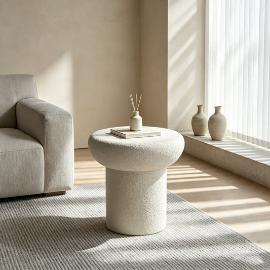 19.69''×19.69''×19.69'' Round Mushroom Fiberglass Coffee Table, Stone Textured Low Profile Accent Table for Living Room, No Need Assembly.