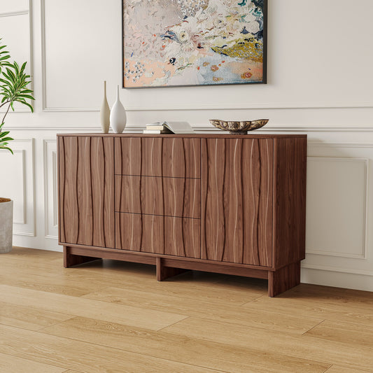 59.1" Buffet Sideboard with 2 Doors and 3 Drawers, Walnut Finish with Stripe Grain Texture, Farmhouse Storage Cabinet for Dining Room Living Room Hallway, Large Space Accent Furniture, Easy Assembly