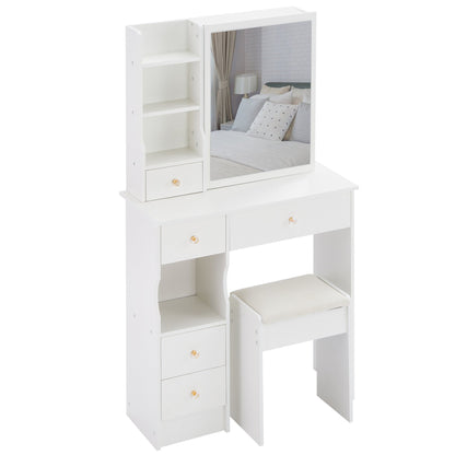 29.2" Small Space Left Drawer Desktop Vanity Table + Cushioned Stool, Extra Large Right sliding mirror, Multi Layer High Capacity Storage – Model W3258P299609