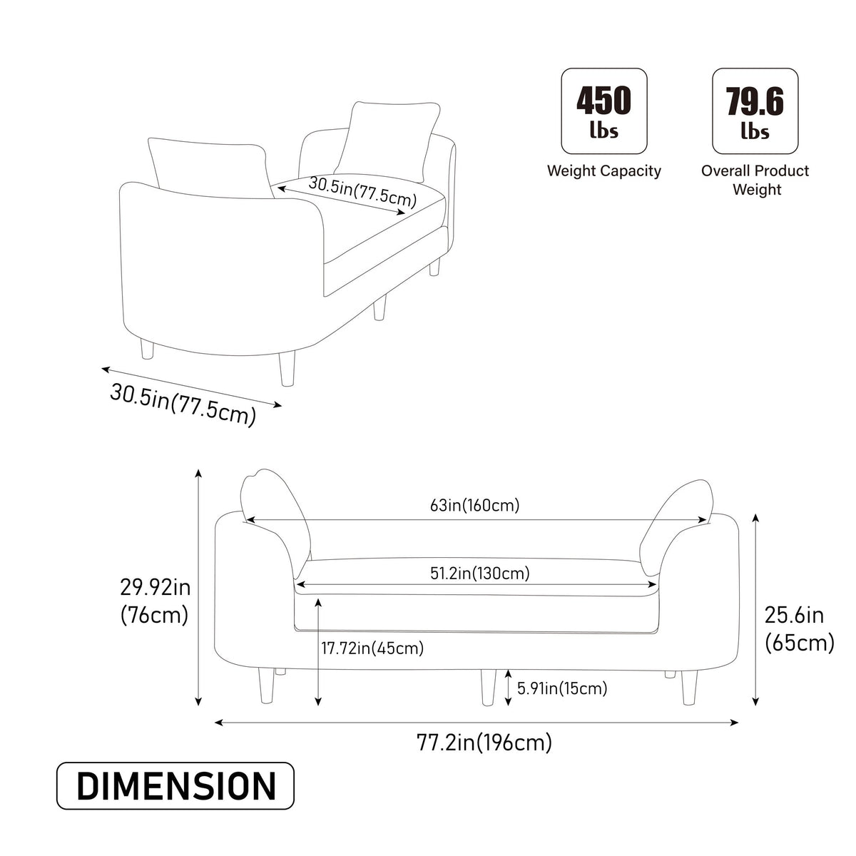 77.17" Wide Modern Upholstered End of Bed Bench with Armrests, Chenille Chaise Lounge Couch with 2 Bolster Pillows, Daybed with Rubberwood Legs For Living Room,Bedroom,Apartment,Guestroom,BEIGE