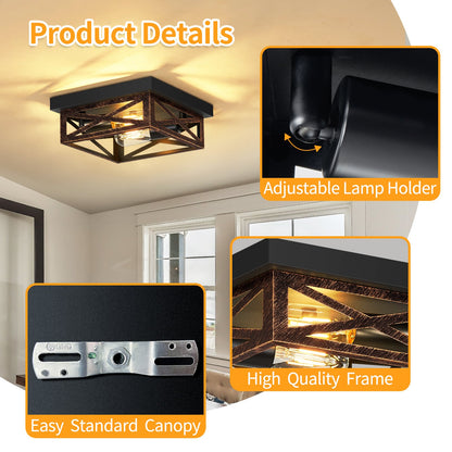 2 Pack 2-Light Matte Bronze Farmhouse Square Flush Mount Ceiling Light, Vintage Hollow Geometric Iron Cage Ceiling Lamp, Industrial Close to Ceiling Lighting for Dining Room(No light bulb)