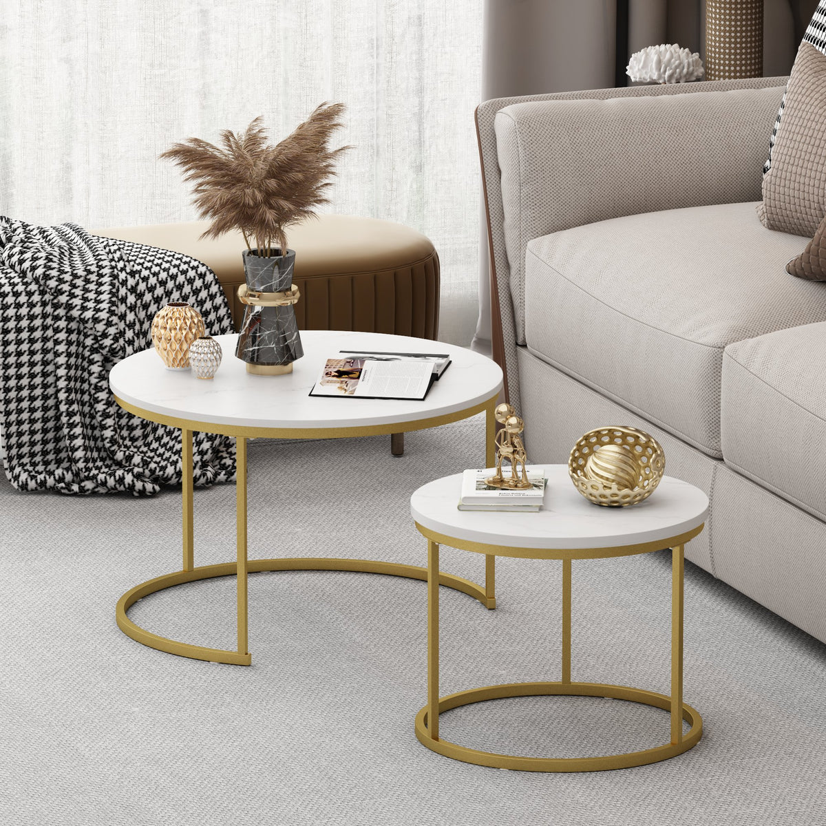 27.6in Nesting Coffee Table Set of 2, Round Coffee Table Wood Marble Pattern Top with Sturdy Metal Frame - White