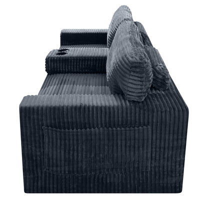 91.7" No-Leg Compression Sofa, Plush Corduroy  with Built-in Cup Holders and Side Storage Pocket for Living Room