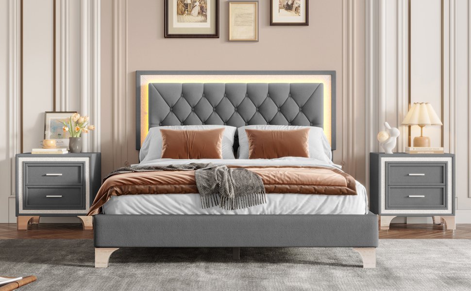 3-Pieces Bedroom Sets, Queen Size Upholstered Platform Bed with LED Lights and Two Nightstands-Gray