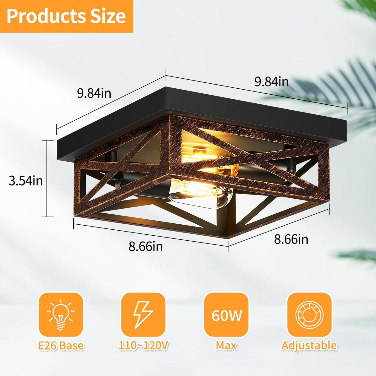2 Pack 2-Light Matte Bronze Farmhouse Square Flush Mount Ceiling Light, Vintage Hollow Geometric Iron Cage Ceiling Lamp, Industrial Close to Ceiling Lighting for Dining Room(No light bulb)