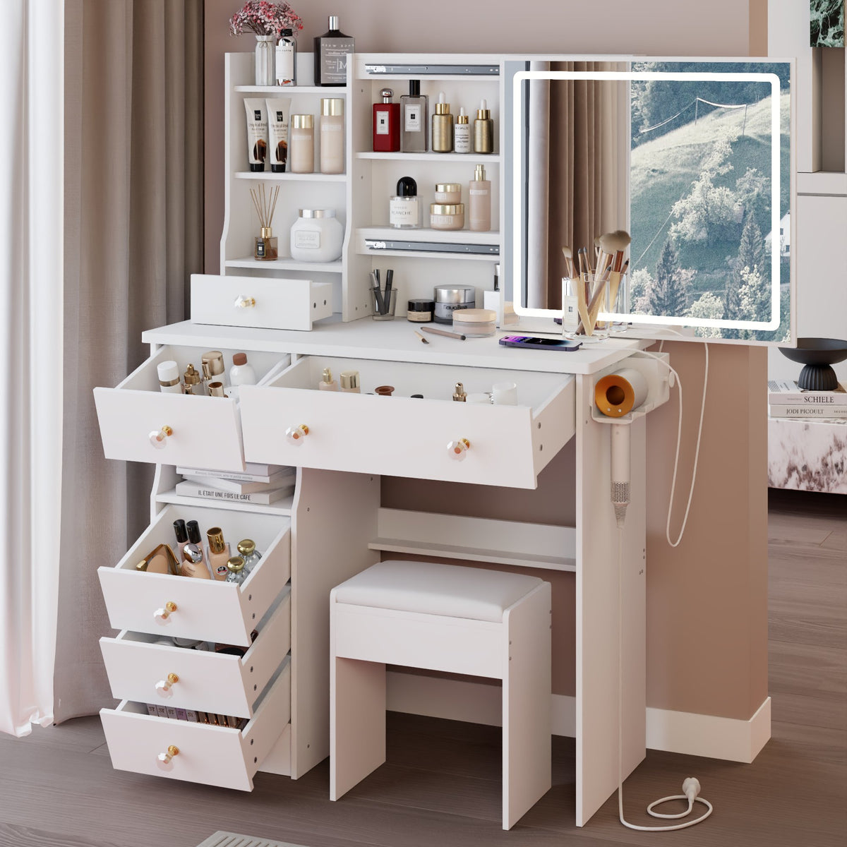 37" Left Drawer Desktop Vanity Table + Cushioned Stool, 2 AC+2 USB Socket, Hair Dryer Stand, Large Touch Control LED Sliding Mirror – Model W3258P448842