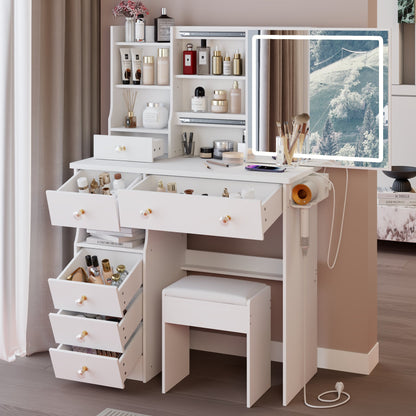 37" Left Drawer Desktop Vanity Table + Cushioned Stool, 2 AC+2 USB Socket, Hair Dryer Stand, Large Touch Control LED Sliding Mirror – Model W3258P448842