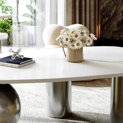 49.2" Free Form Faux Marble Coffee Table, Modern Minimalist Living Room Center Table with Stainless Steel Sphere & Cylinder Legs