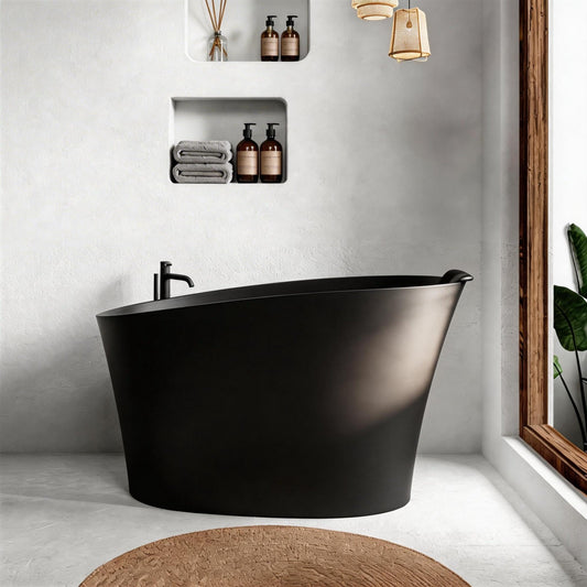 51" Solid Surface Oval Freestanding Black Bathtub with Overflow and Drain Assembly, with Integral Seat and headrest, LTL