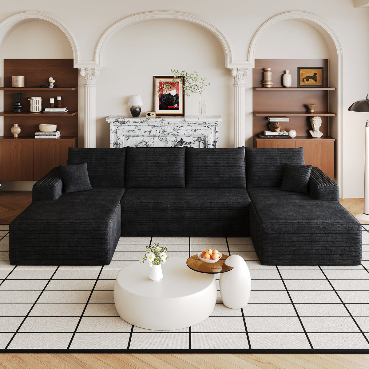 134"  Cloud Sectional Sofa ,Modern Minimalist Upholstered Couches, Comfort U Shaped Sofa for Living Room,Deep Seat,No Assembly Required (Plush Corduroy Fabric),Black