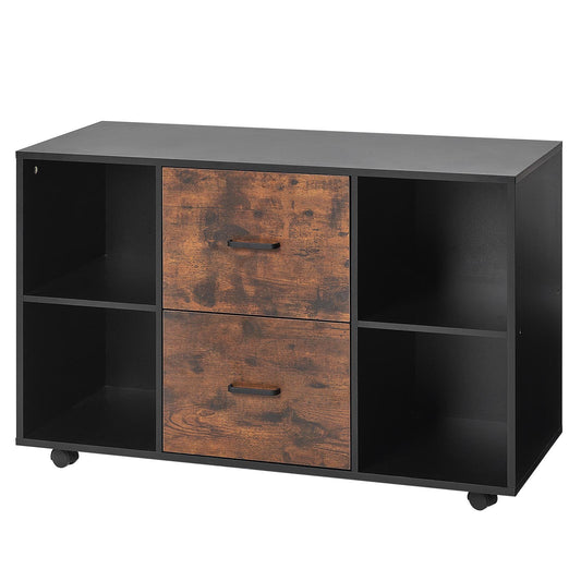 2 Drawer Wooden File Cabinet, Mobile Filing Cabinet with Open Shelves, Lateral Rolling File Storage with Lockable Wheels