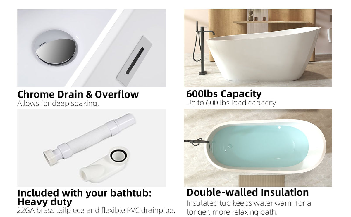 59" Special-Shaped Freestanding Slipper Bathtub in Gloss White with Chrome Overflow & Pop-Up Drain, Pure Acrylic Construction