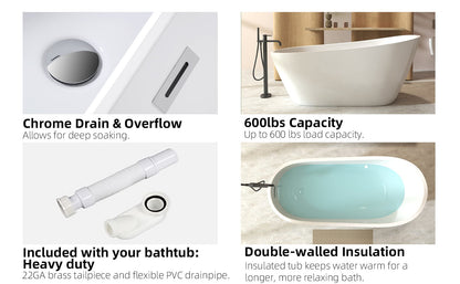 59" Special-Shaped Freestanding Slipper Bathtub in Gloss White with Chrome Overflow & Pop-Up Drain, Pure Acrylic Construction