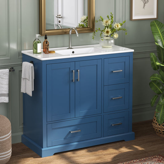 42" Navy Blue Bathroom Vanity with Ceramic Sink – Freestanding Cabinet with 4 Drawers (Top 2 with Dividers), Soft-Close Doors with Inner Shelves, Reversible Side Towel Rack, Silver Handles, MDF