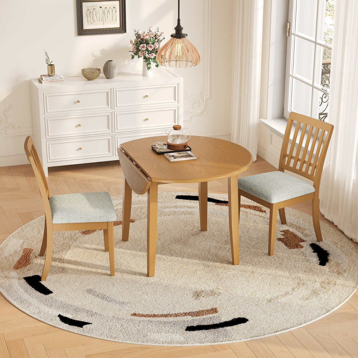 3-Piece Round Dining Table Set for 2 People, 1 Folding Wood Dining Table + 2 Upholstered Chairs – Model N752S000618A