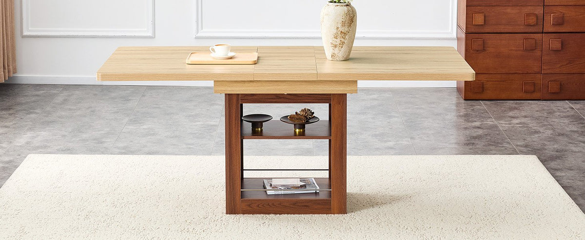 An expandable dining table with storage space