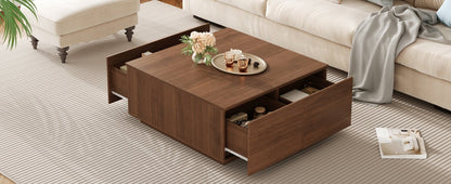 33.25" Square Coffee Table with 4 Drawers, Walnut