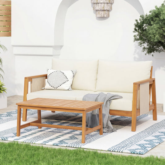 2 Piece Sofa Set with Cushions Outdoor Loveseat & Coffee Table Set – Acacia Wood Frame with Brown Textilene, Water-Repellent Beige Cushions (Teak Finish) for Patio/Backyard/Deck