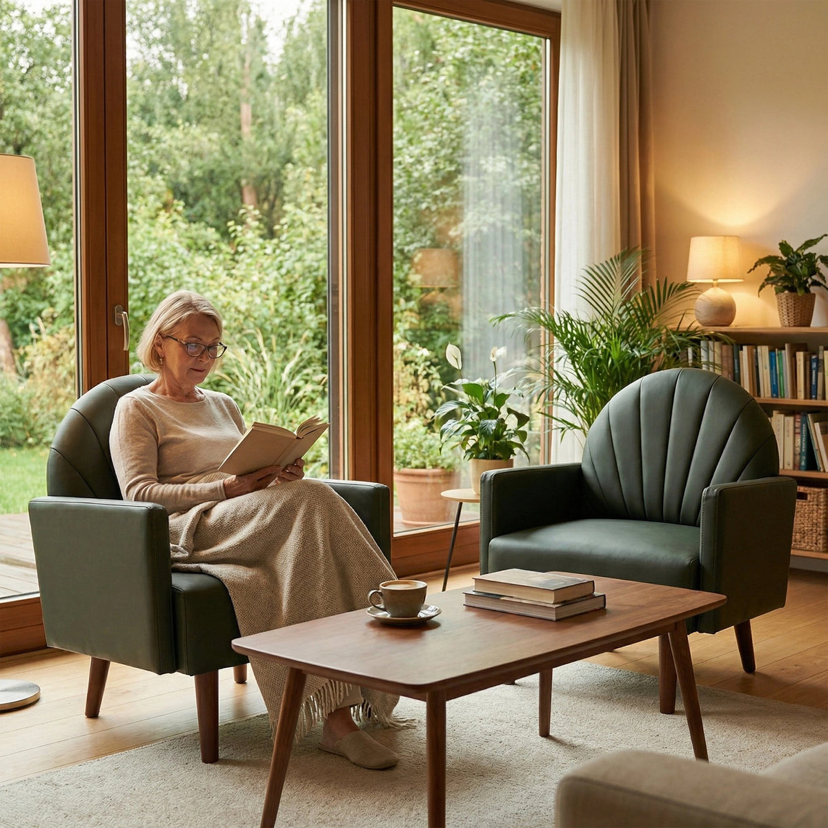 A contemporary shell-shaped armchair with PU leather upholstery and wooden legs, suitable for living rooms, balconies, children's rooms and studies.