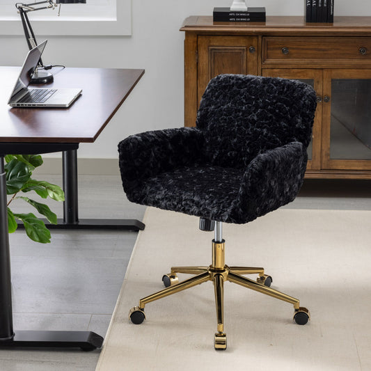 A&A Furniture Office Chair, Artificial rabbit hair Home Office Chair with Golden Metal Base, Adjustable Desk Chair Swivel Office Chair - Black