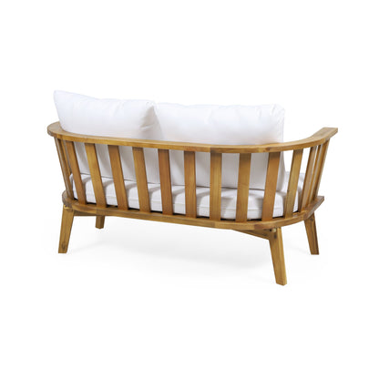 2 - Person Outdoor Acacia Wood Patio Seating Group with Cushions and Coffee Table for Porch, Garden, Backyard, Balcony, Teak Finish, White
