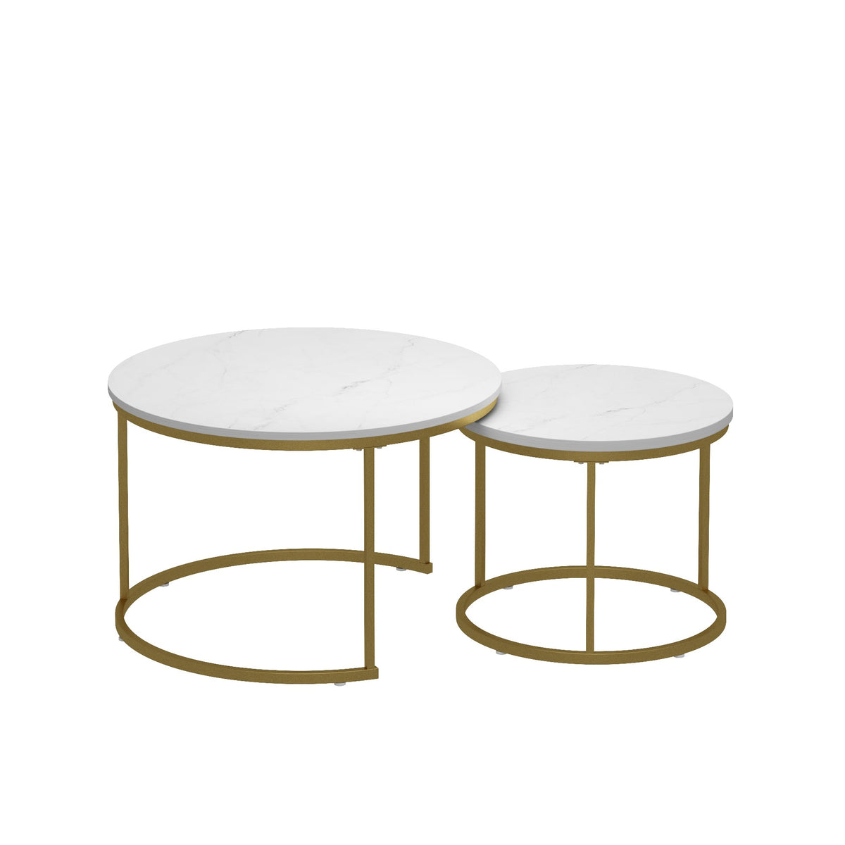 27.6in Nesting Coffee Table Set of 2, Round Coffee Table Wood Marble Pattern Top with Sturdy Metal Frame - White
