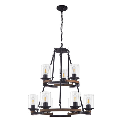 9-Light Vintage Wagon Wheel Chandelier, Rustic Farmhouse Black Wood Ceiling Light, Adjustable Height for Dining Room Living Room Entryway Kitchen