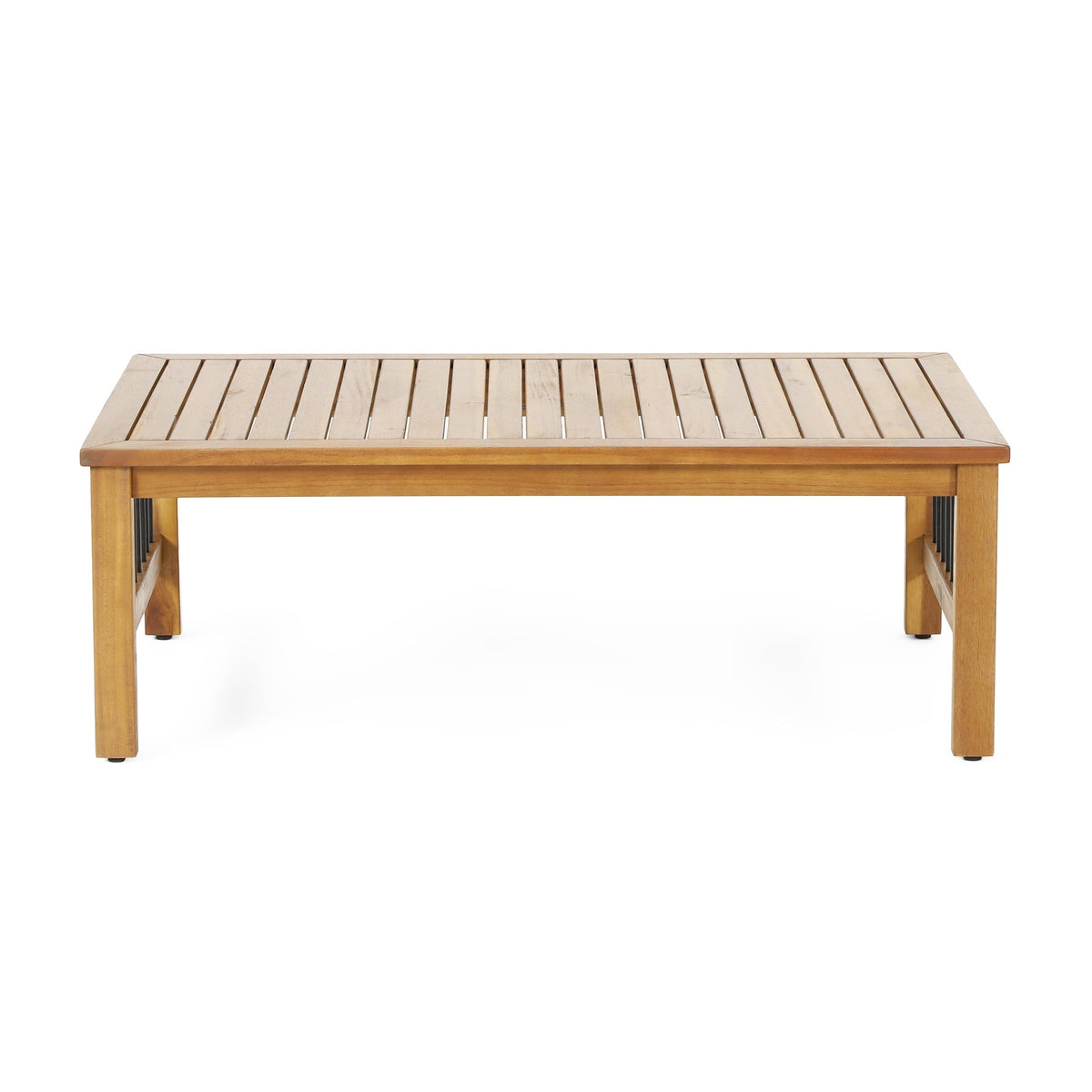 Outdoor Acacia Wood and Iron Loveseat and Coffee Table Set with Cushions, Teak, Black, Beige