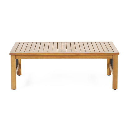 Outdoor Acacia Wood and Iron Loveseat and Coffee Table Set with Cushions, Teak, Black, Beige